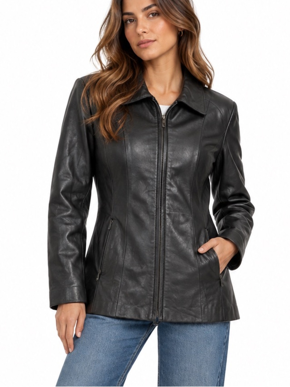 Excelled Collection 100% Leather Full Zip Blazer Jacket Black L Tailored 90s